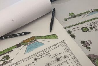 Eine Planungsskizze, die einen Garten mit Pool zeigt.