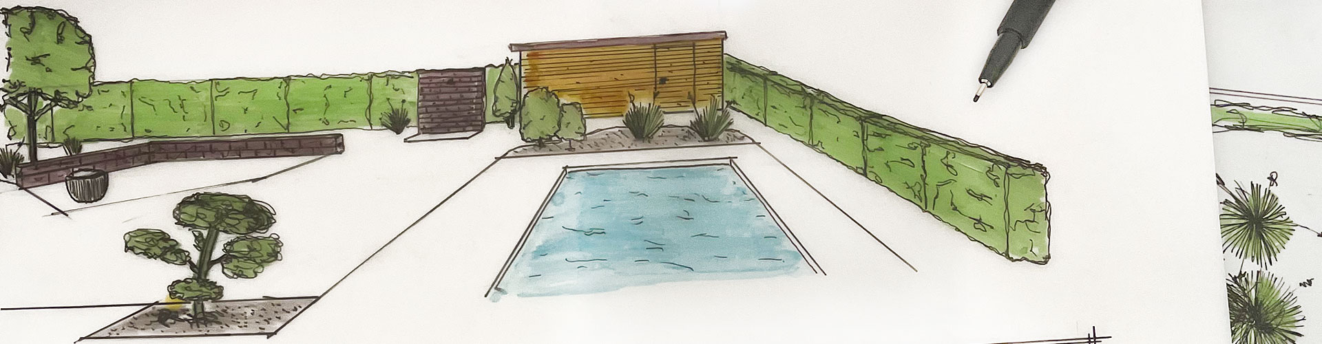 Die Planungsskizze für einen Pool im Garten.